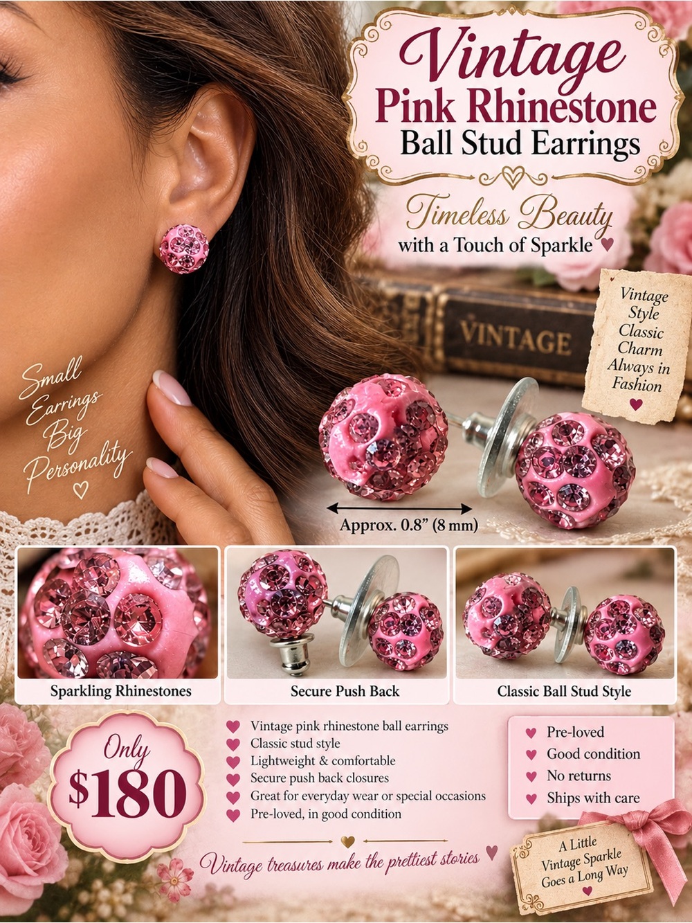 Vintage Pink Rhinestone Ball Stud Earrings - Unbranded